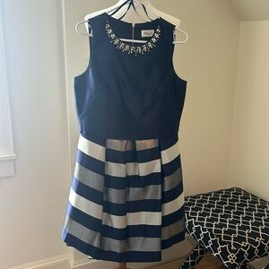 Eliza J dress. Navy, white and gray with stones adorning collar